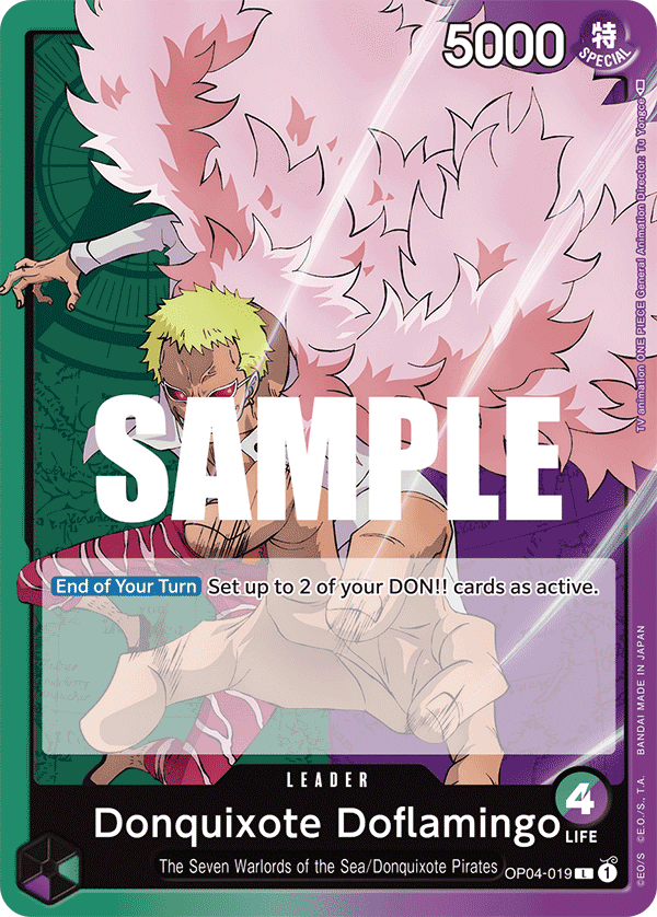 Donquixote Doflamingo OP04-019 Leader card from Kingdoms of Intrigue